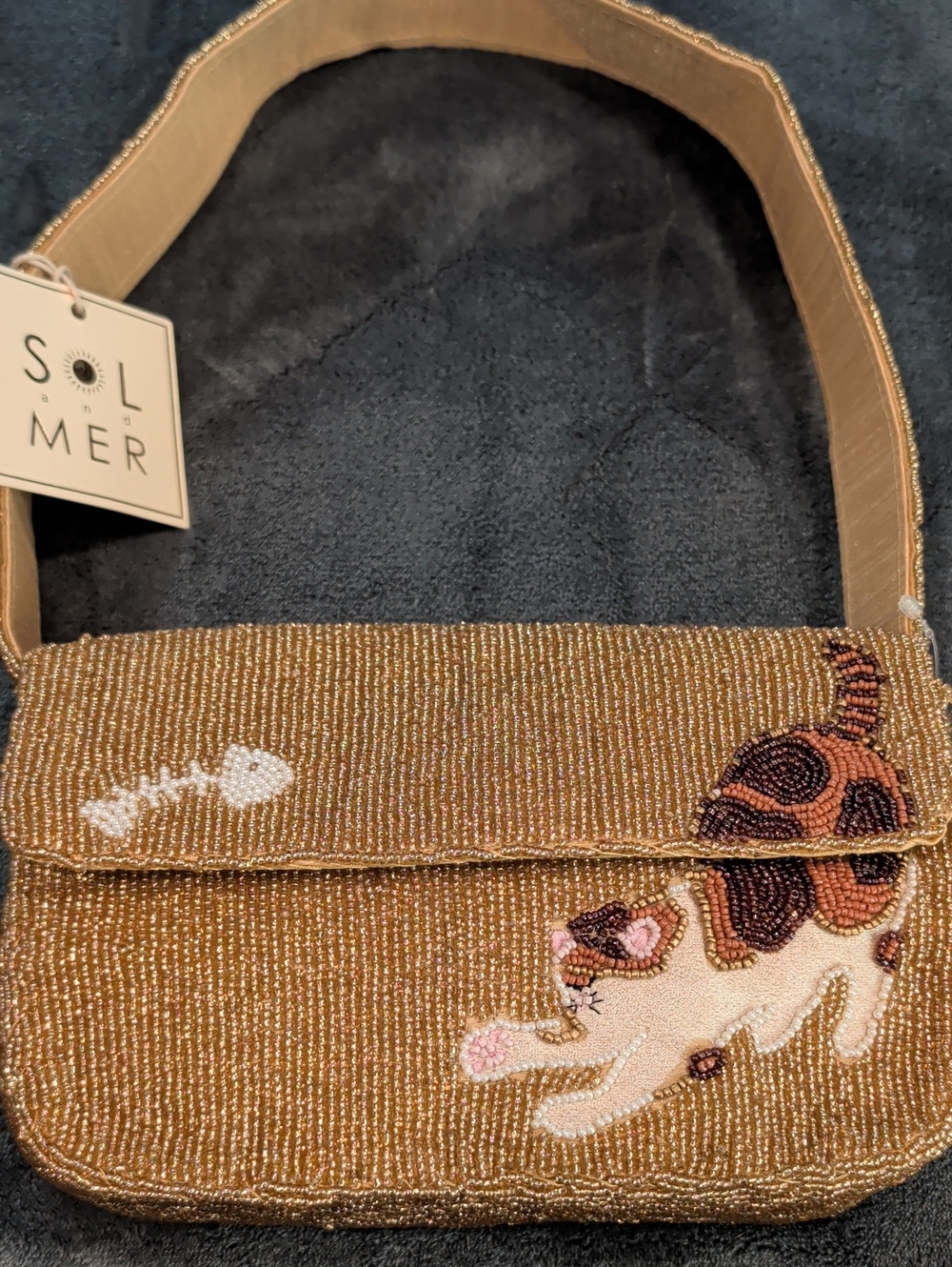 Beaded Brown Cat Motif Shoulder Bag